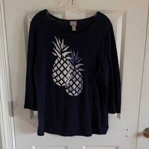 Chico's Navy Intarsia 3/4 Sleeve Pineapple Sweater Size 2
